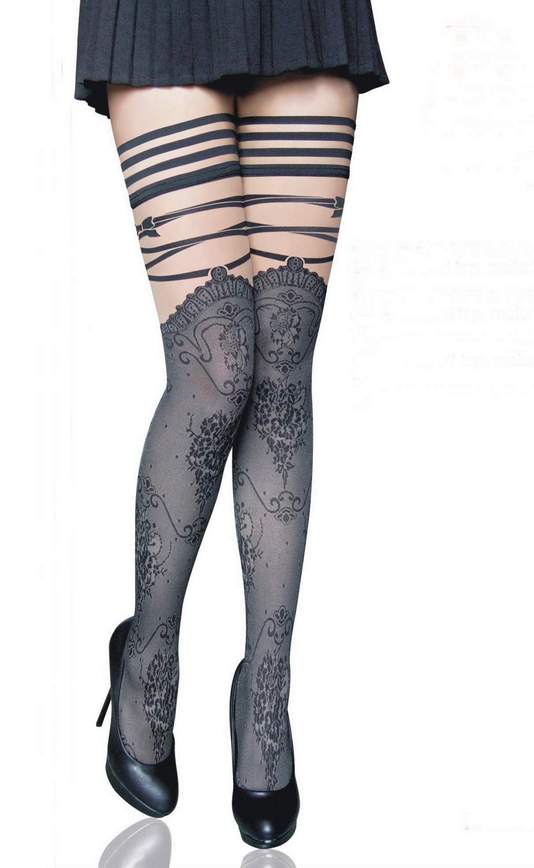 Opaque Thigh High With Elastic Striped Top